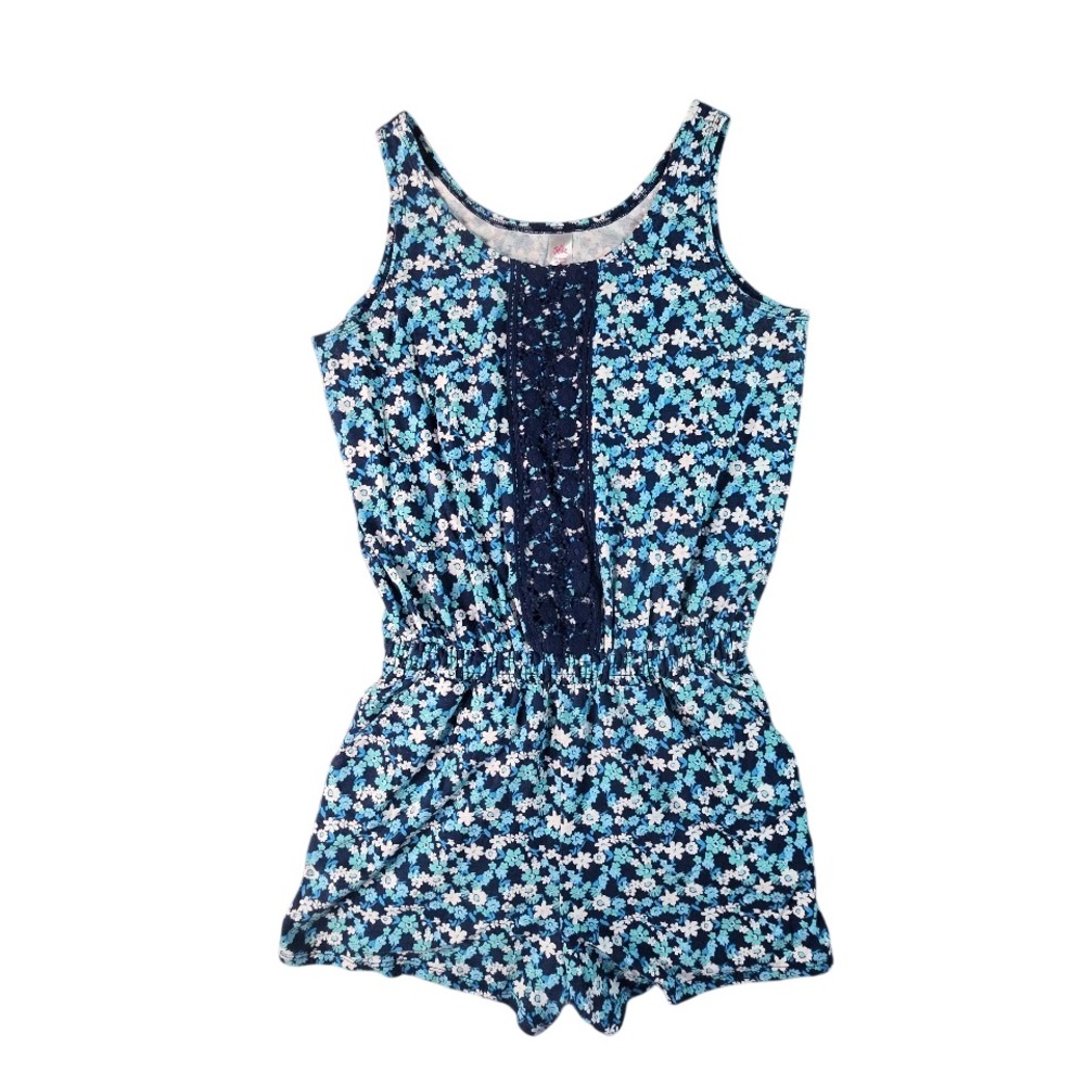 Justice Floral Romper Girls 16 Blue Crochet Lace Sleeveless‎ Summer Boho Vacay